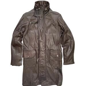 K-Yen Men's Brown Leather Parka Jacket Size L Cotton Lining Made in France